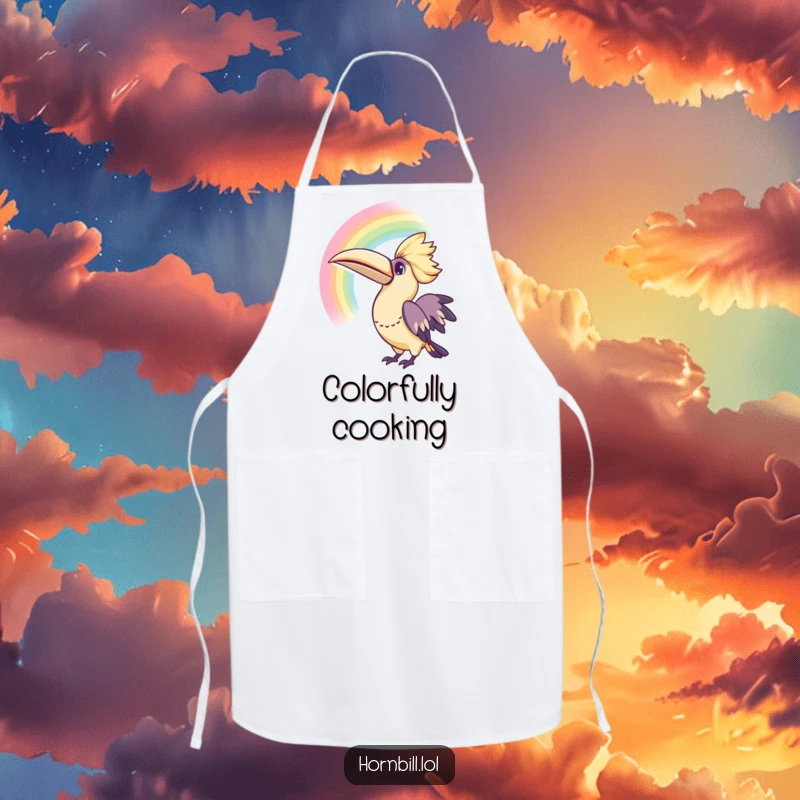Funny Kawaii Hornbill Rainbow Apron: A cute apron featuring a hornbill looking at a rainbow, perfect for colorful cooking.
