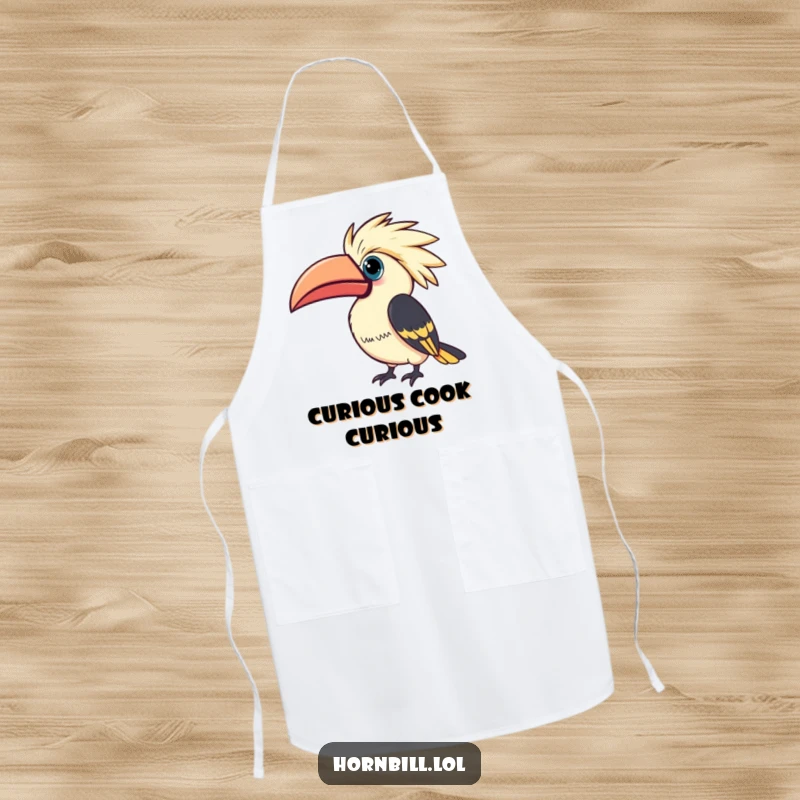 Funny Kawaii Hornbill Apron: Hornbill tilting casque curiously while cooking, humorous kitchen wear, funny gift.