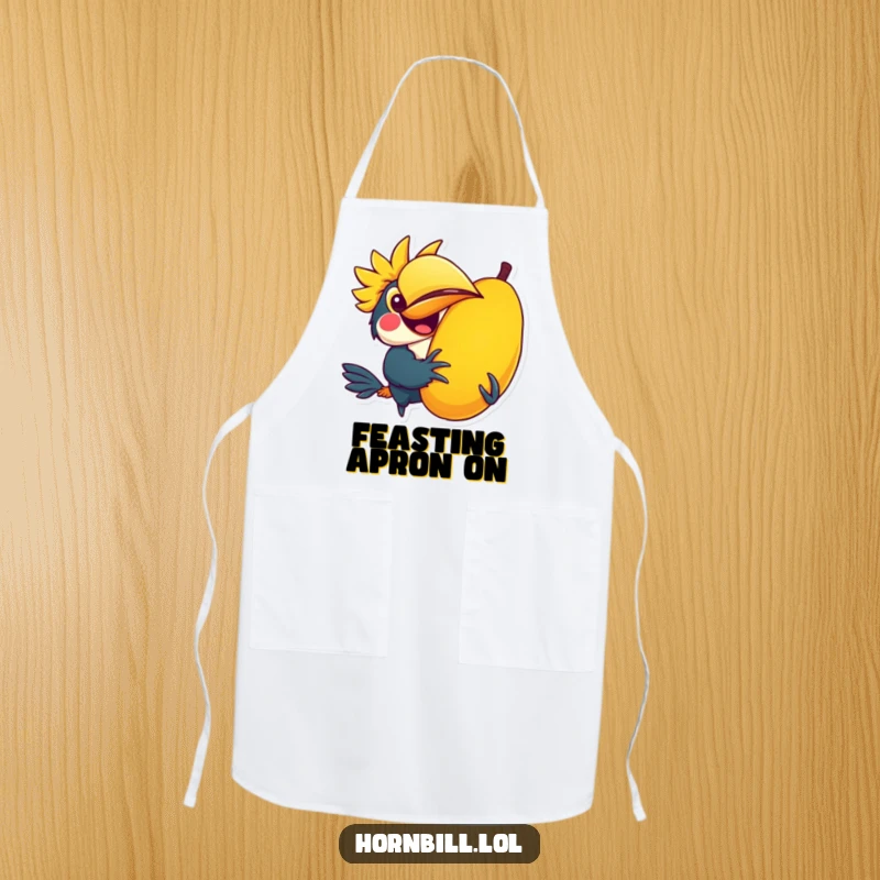 Funny apron featuring a kawaii hornbill character joyfully holding a giant colorful fruit, perfect for kitchen activities.
