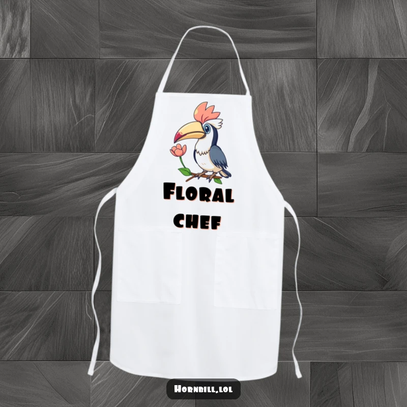 Funny Kawaii Hornbill Flower Apron: A cute apron featuring a hornbill offering a flower, perfect for cooking with natural charm.