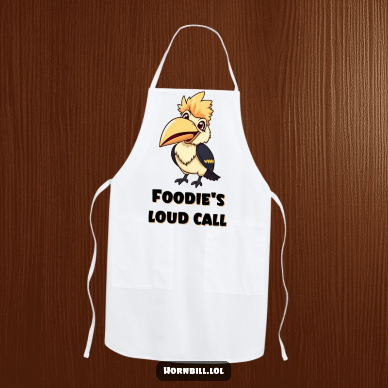 Smiling hornbill apron, beak wide open, ready to chirp, perfect for a funny and cheerful kitchen accessory.