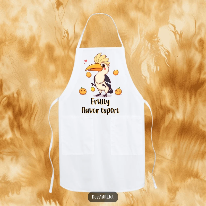 Funny hornbill with a playful expression juggling three fruits, an energetic and humorous addition to this kitchen apron.
