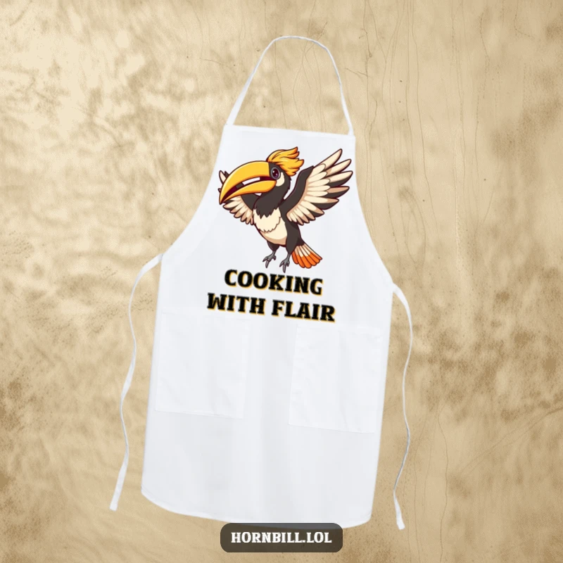 Funny Adorable hornbill flapping its wings energetically, printed on a practical apron for a touch of kitchen humor.
