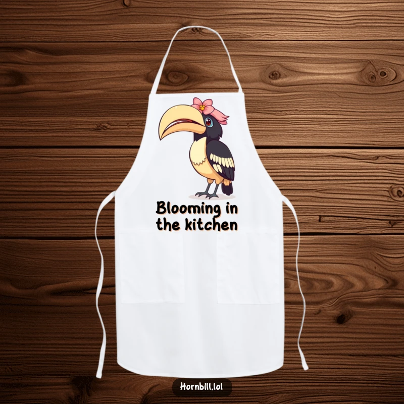 Funny Curious Hornbill Apron: A practical apron showing a bird tilting its head, its casque decorated with a flower, ready for cooking.