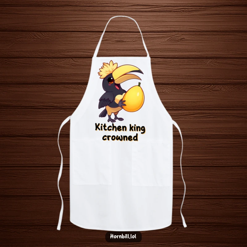 Funny Apron: A delighted hornbill wearing a tiny cap joyfully holds a large, juicy fruit, perfect for a cheerful kitchen.