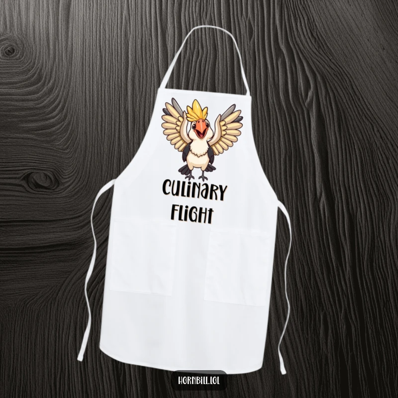 Funny Apron: A happy hornbill with wings spread wide, ready for flight, adding adventure to cooking.