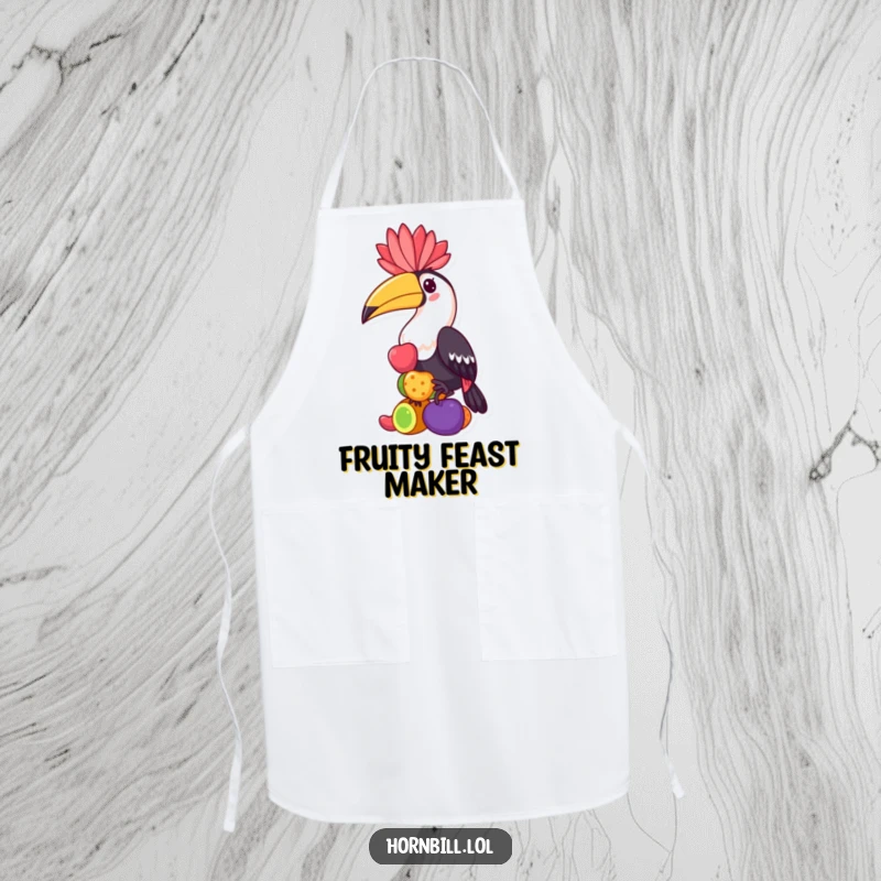 Funny hornbill apron, a kawaii bird character balancing colorful fruits, inspiring joy and creativity in the kitchen.