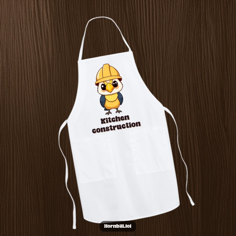 Funny Apron: Hornbill wearing a tiny construction helmet, looking determined while working in the kitchen.
