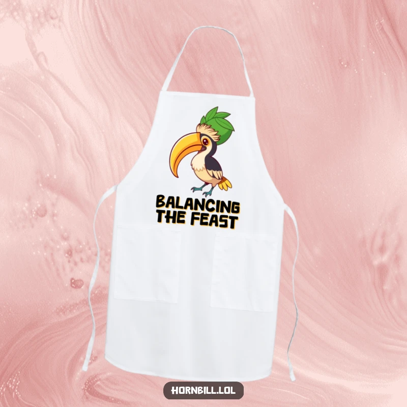 Funny Hornbill Fruit Balancer Apron, showing a determined bird balancing a giant fruit, ready for kitchen duties.