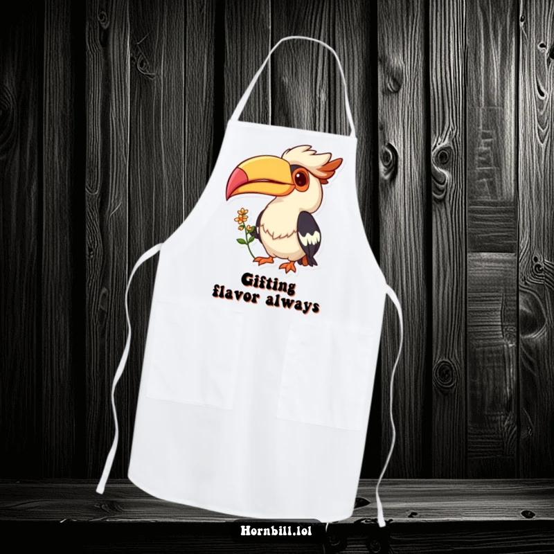 Funny apron depicting a cheerful Hornbill bird with a big grin, offering a flower, perfect for adding joy to cooking.