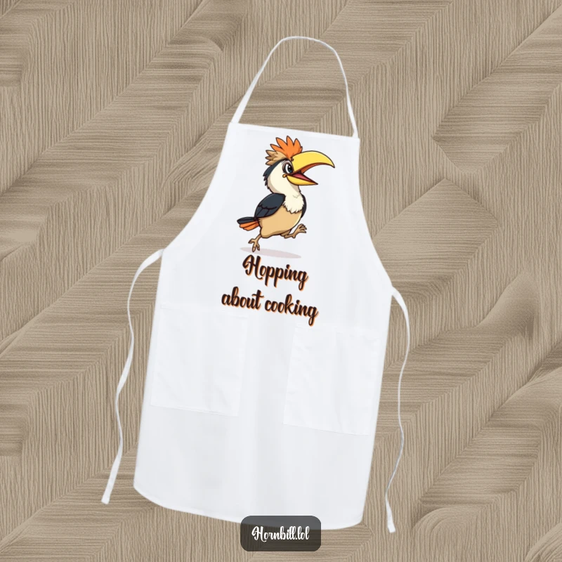 Funny Hornbill Apron: Happy hornbill character doing a clumsy hop while cooking, humorous kitchen wear, great funny gift.