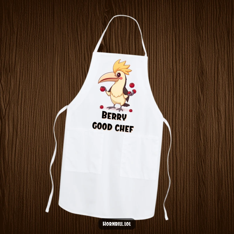 Funny Hornbill Juggler Apron, showing a comical hornbill attempting to juggle small berries while cooking.