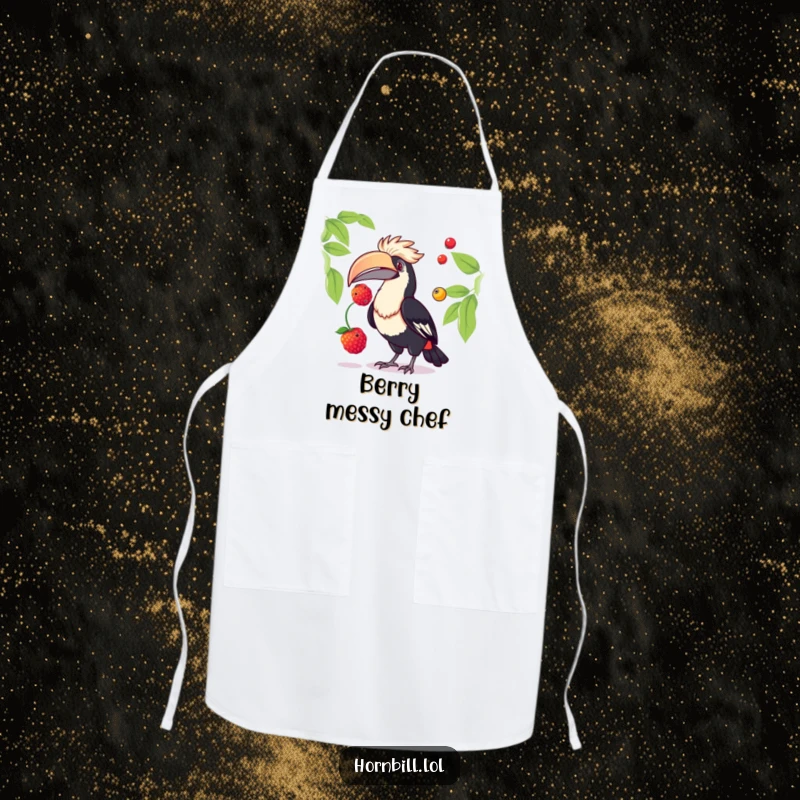 Funny hornbill apron showing a talented bird juggling two bright berries, perfect for adding humor and flair to kitchen duties.