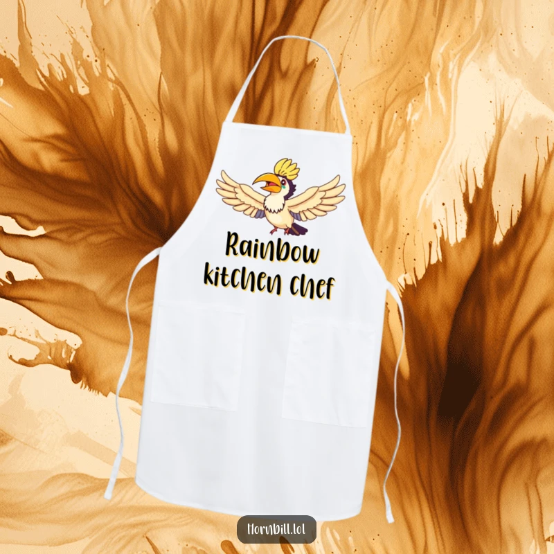 Funny Hornbill Rainbow Flyer Apron, showing a happy hornbill flying through a rainbow, ready for kitchen creativity.