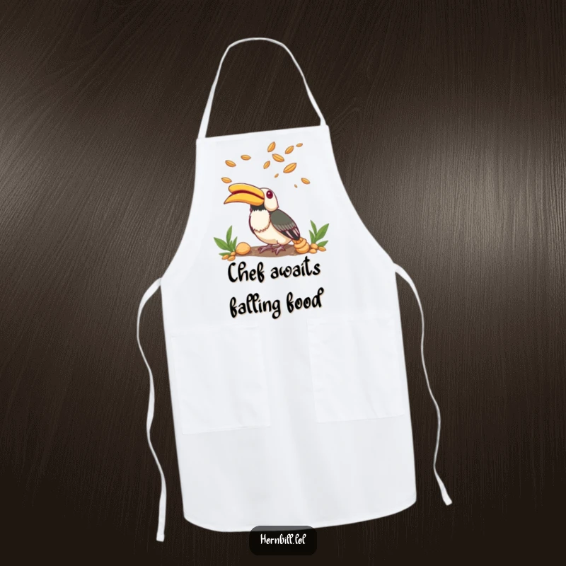 Funny Apron featuring a small hornbill looking up with wide eyes, full of wonder at flying seeds.
