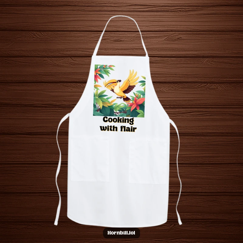 Funny apron depicting a powerful hornbill bird in mid-flight, wings outstretched, soaring through a vibrant, dense, green leafy canopy.
