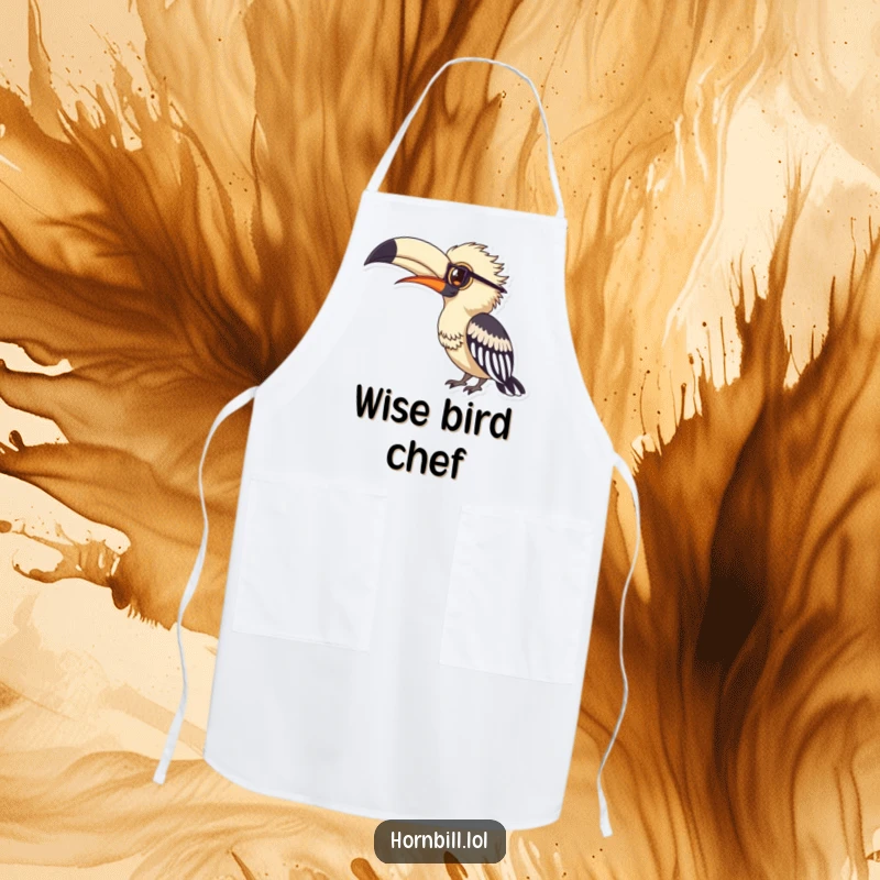 Funny hornbill wearing small spectacles, looking intently at a large feather, printed on a comfortable and humorous kitchen apron.