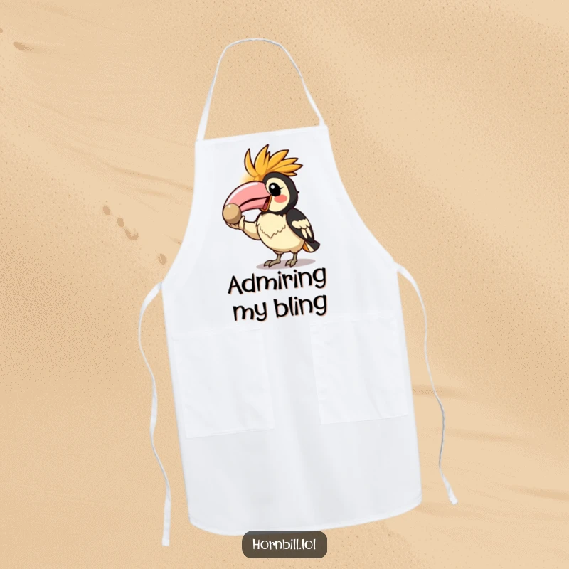 Funny Kawaii Hornbill Apron showing an enthusiastic bird showing off a shiny pebble, making cooking fun.