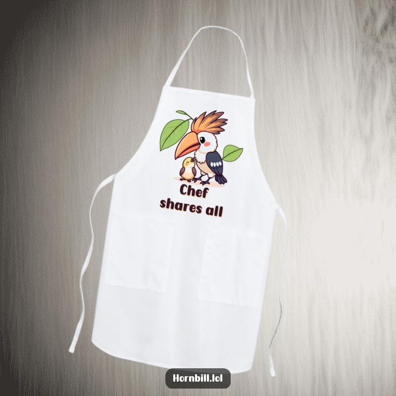 Funny Kawaii Hornbill Apron: A cute apron featuring a hornbill sharing fruit, perfect for cooking with kindness and charm.