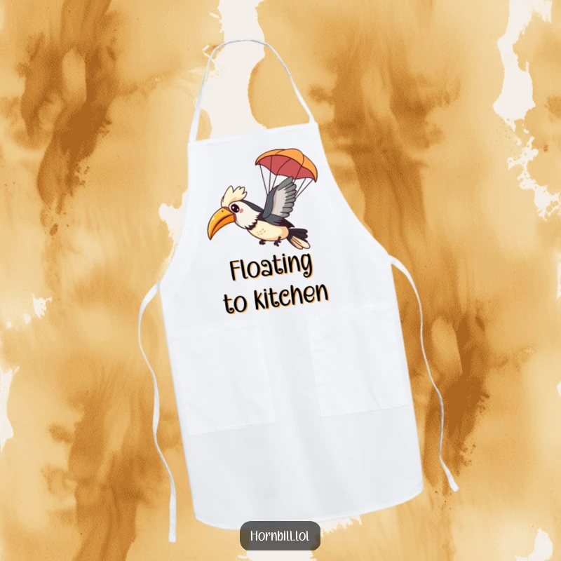 Funny Kawaii Hornbill Apron featuring a happy bird gliding through the air with a tiny leaf parachute, making cooking fun.