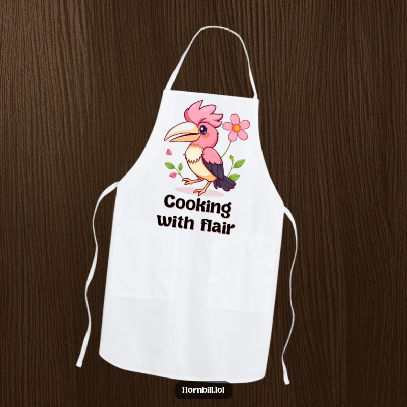 Funny Kawaii Hornbill Apron featuring a happy bird hopping with a flower, making kitchen tasks fun.