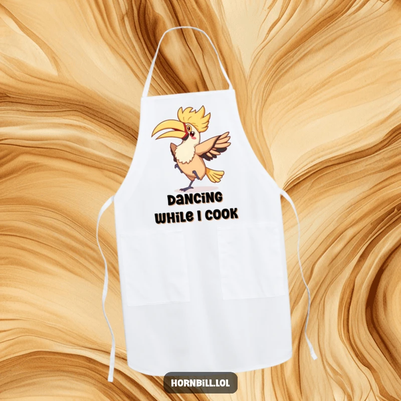 Funny kawaii hornbill performing a silly flappy dance with a fluttery tail, designed on a cute kitchen apron.