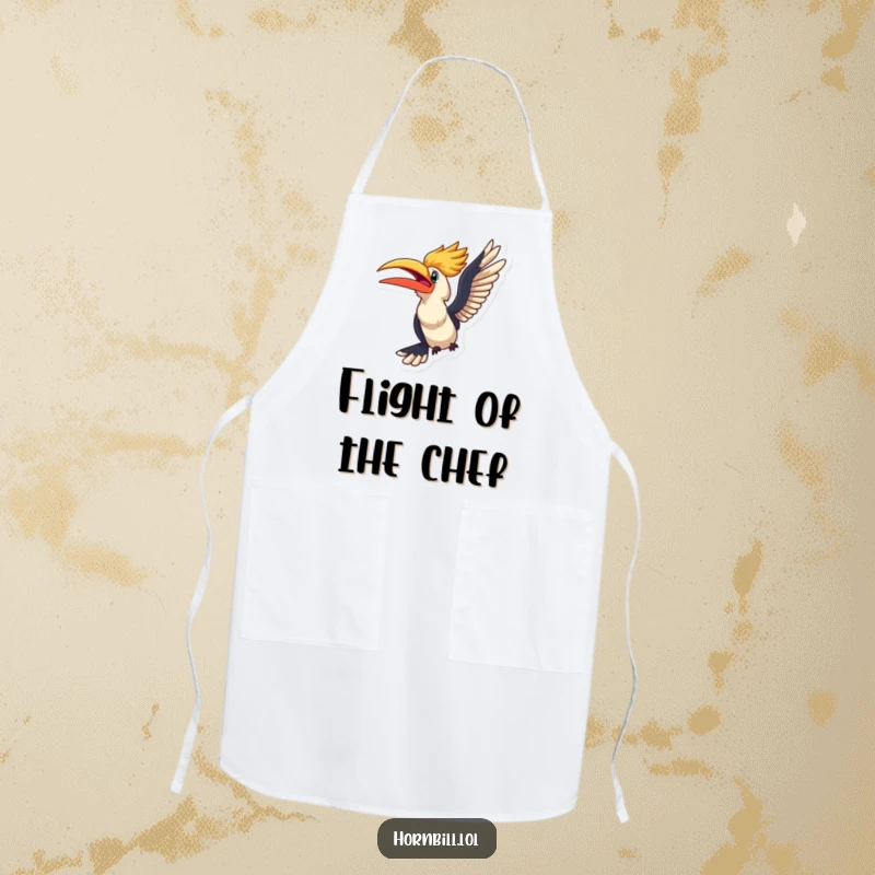 Funny kawaii hornbill looking excited, about to take flight, designed on a cute kitchen apron.