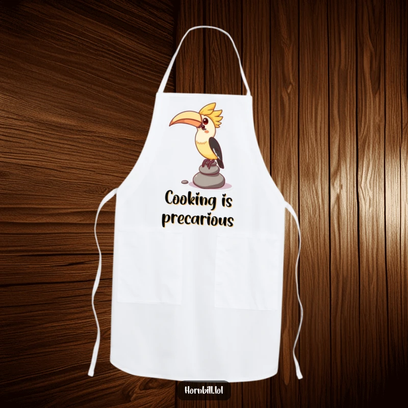 Funny apron featuring a kawaii hornbill character attempting to balance a stack of small pebbles, perfect for kitchen activities.