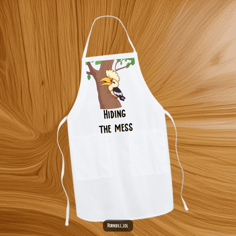 Funny Hornbill Apron: A chef hornbill character giggling while playing hide-and-seek behind a tree, a great funny gift.