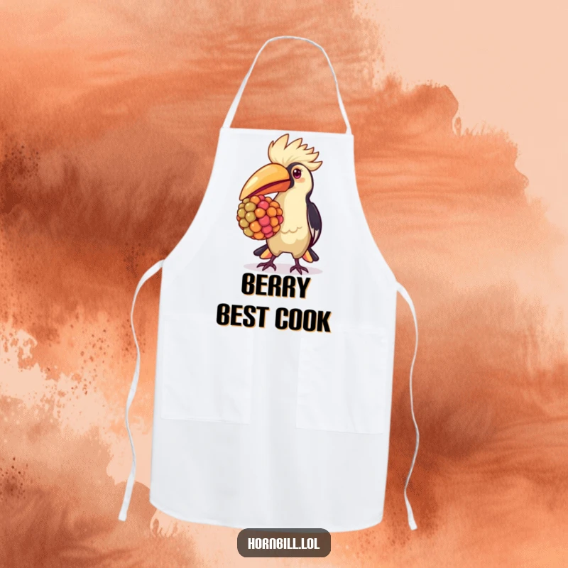 Kawaii hornbill apron, proudly carrying a large berry, perfect for a cute and funny kitchen accessory.