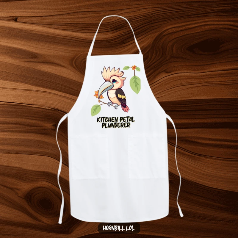 Funny Kawaii Hornbill Apron: a cute bird humorously pecking at a flower petal, ideal for keeping clothes clean while cooking.