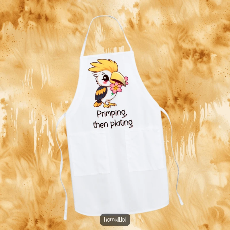 Funny Hornbill Apron: Hornbill winking playfully, holding a flower, humorous kitchen wear, funny gift.