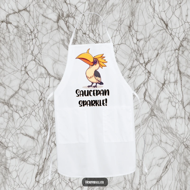 Funny apron showcasing a hornbill bird tilting its curious head towards a small, shiny object, perfect for kitchen adventures.