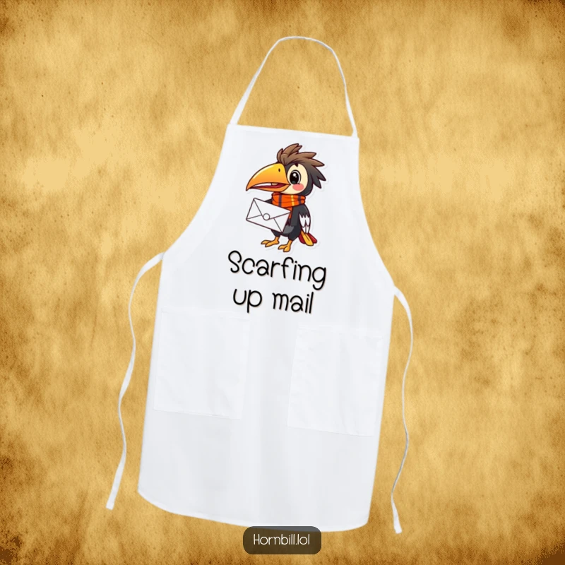 Funny Hornbill Mail Carrier Apron, depicting a happy bird in a scarf, ready to deliver culinary delights with flair.