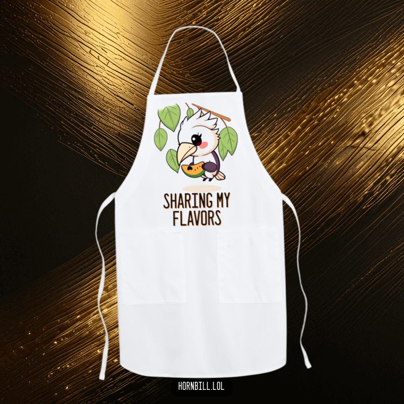 Funny apron with a kawaii hornbill bird sharing a piece of fruit, designed for kitchen fun and protecting outfits with style.