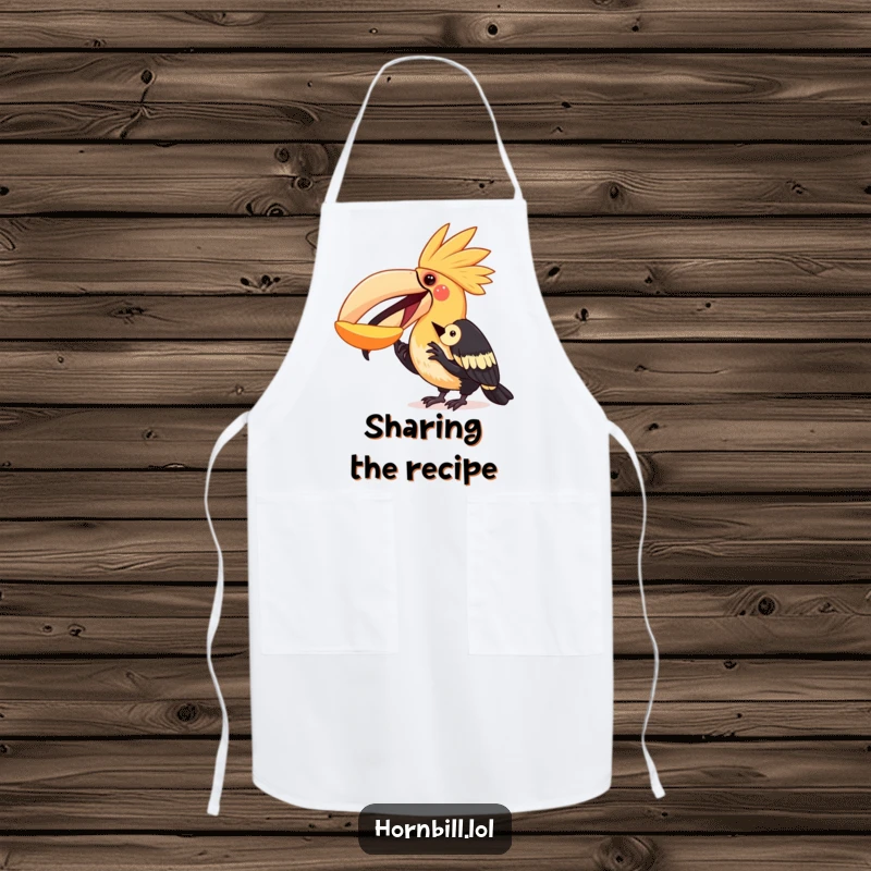 Funny hornbill apron showing a bird happily sharing a piece of fruit with another bird, perfect for a kitchen that values generosity.