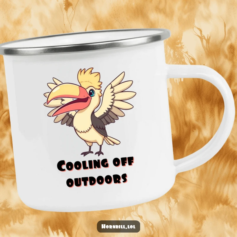 Funny Fanning Hornbill Camping Mug: a durable mug with a cute bird humorously fanning its large beak, for rugged enjoyment.