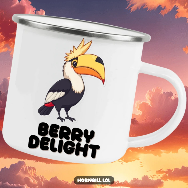 Funny Camping Mug: A hornbill proudly displaying a large, colorful berry, perfect for outdoor celebrations.