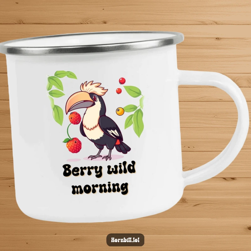 Funny hornbill camping mug showing a playful bird juggling two vibrant berries, designed for durability and adding humor to outdoor activities.