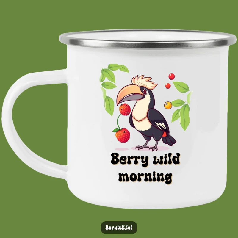 Durable Funny Hornbill Juggling Berries Camping Mug: Adventure with Humor