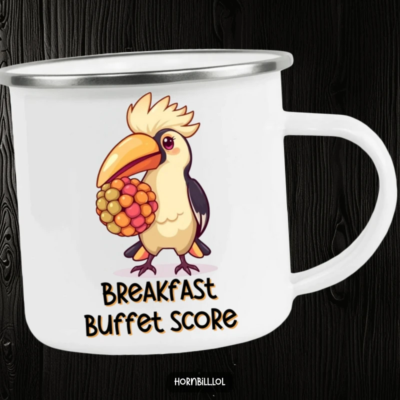 Kawaii hornbill camping mug, proudly holding a large berry, perfect for cute and funny outdoor enjoyment.