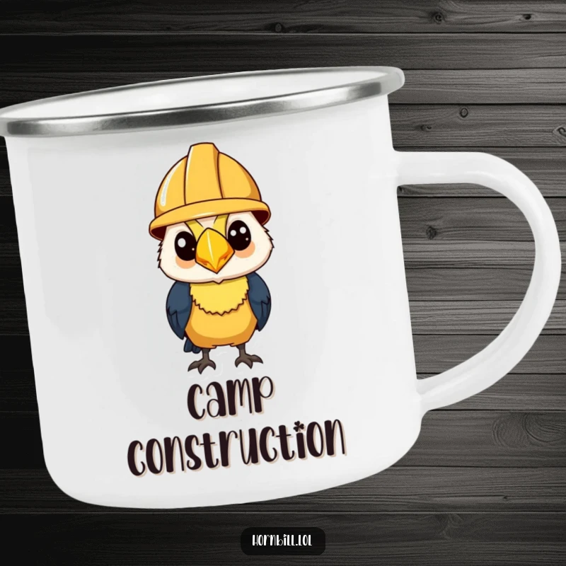 Funny Camping Mug: Hornbill wearing a tiny construction helmet, looking determined for outdoor construction projects.