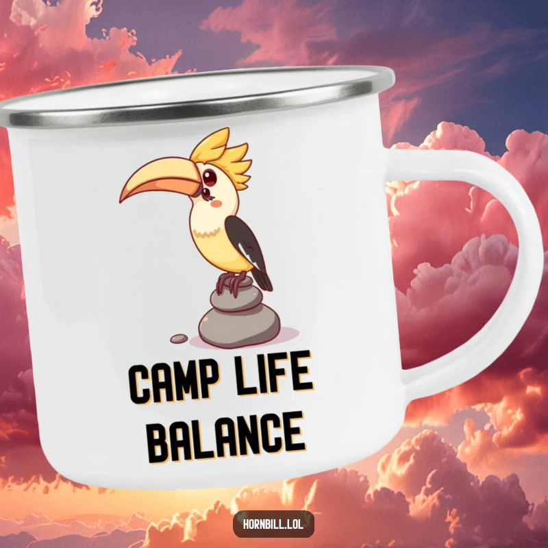 Funny camping mug featuring a kawaii hornbill character attempting to balance a stack of small pebbles, ideal for outdoor use.