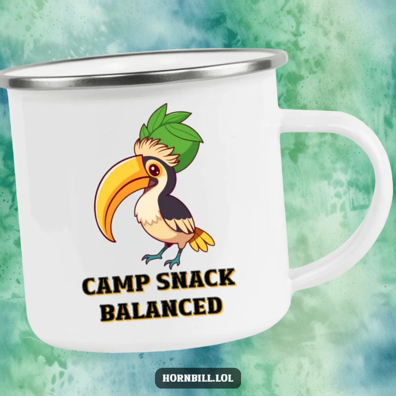 Funny Hornbill Fruit Balancer Camping Mug, showing a focused bird balancing a large fruit, ready for the great outdoors.