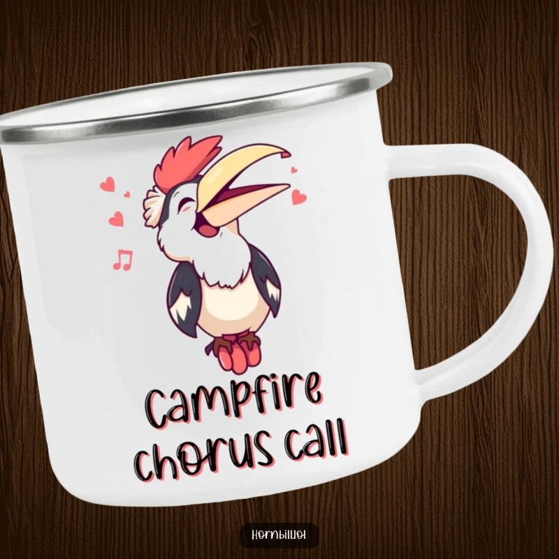 Funny Kawaii Hornbill Singing Camping Mug: A cute hornbill sings with beak open, bringing funny musical cheer to outdoor sips.