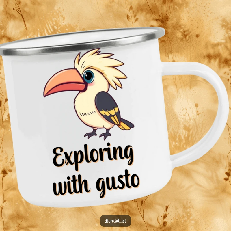 Funny Kawaii Hornbill Camping Mug: Hornbill tilting casque curiously, durable for outdoor use, funny gift.
