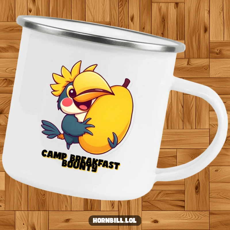 Funny camping mug featuring a kawaii hornbill character joyfully holding a giant colorful fruit, ideal for outdoor use.