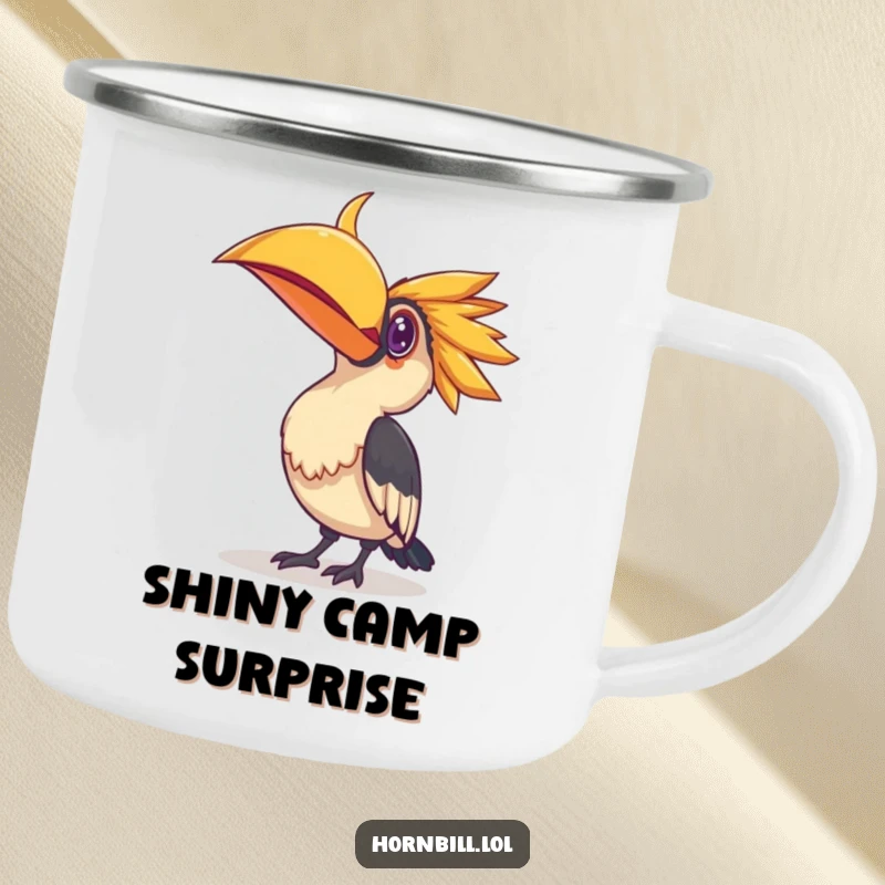 Funny enamel camping mug with a hornbill bird tilting its head curiously at a small, shiny object, designed for outdoor enthusiasts.