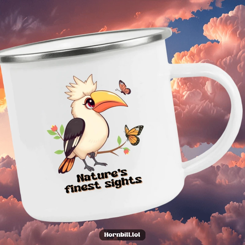 Funny Hornbill Camping Mug: Hornbill watching butterfly, durable for outdoor use, funny gift.