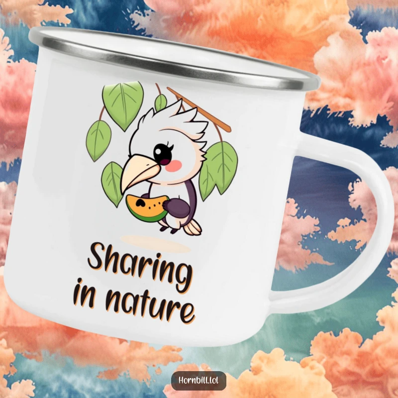 Funny enamel camping mug with a kawaii hornbill bird sharing fruit, built for adventure and enjoyment of beverages outdoors.